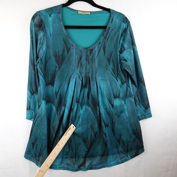 Timeson Tunic Blouse Womens Large Teal Turquoise Peacock Feathers Leaves Lined - Picture 4 of 15